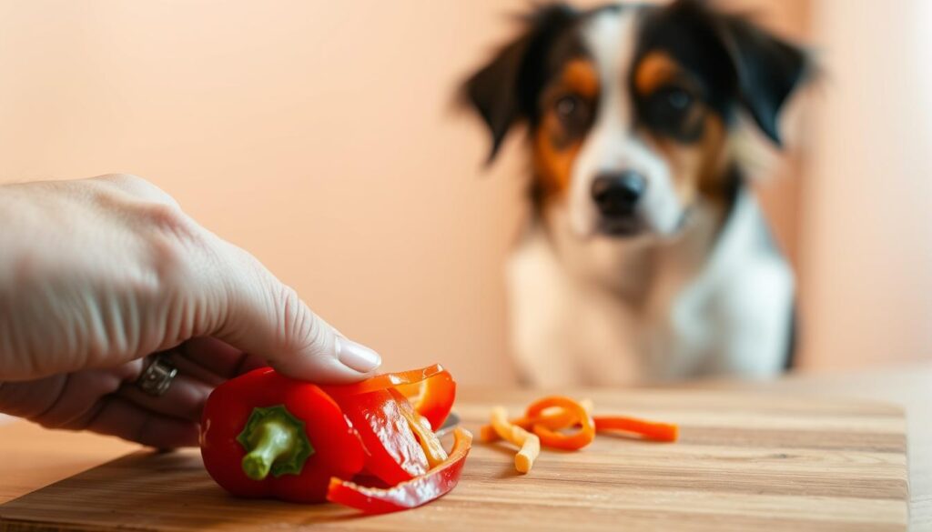 A close-up shot of a human hand carefully slicing a bright red bell pepper into thin strips, placed on a wooden cutting board. The pepper is positioned in the foreground, with a curious dog sitting in the middle ground, watching intently. The background is blurred, creating a soft, warm focus on the interaction between the human and the dog. Soft, natural lighting illuminates the scene, casting gentle shadows and highlights. The composition emphasizes the delicate process of preparing the pepper for the dog's safe consumption, conveying a sense of care and attention.