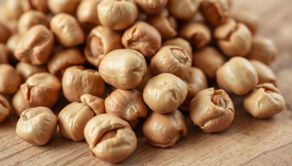 A close-up shot of a pile of fresh, unshelled hazelnuts on a wooden surface. The nuts have a warm, golden-brown hue and a slightly textured appearance, reflecting the natural beauty of this nutritious snack. Soft, diffused lighting illuminates the scene, creating a cozy and inviting atmosphere. The image should convey the safety and health benefits of hazelnuts for dogs, in line with the article's focus on pet-friendly nut varieties.