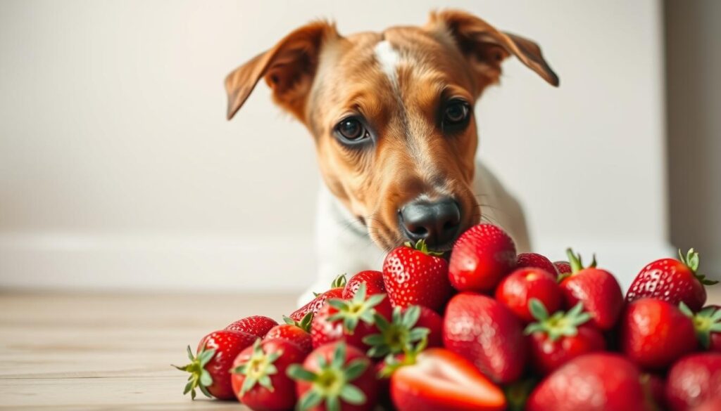 A close-up shot of a playful dog enthusiastically sniffing and examining a pile of fresh, juicy strawberries. The dog's friendly, inquisitive expression suggests a sense of curiosity and wonder, as if pondering whether these vibrant red fruits are safe to consume. The image is set against a softly blurred, minimalist background, allowing the dog and the strawberries to be the central focus. Warm, natural lighting gently illuminates the scene, casting a gentle, inviting glow. The overall composition and mood convey a sense of lighthearted exploration, encouraging the viewer to consider the potential health benefits and risks of a dog consuming strawberries.