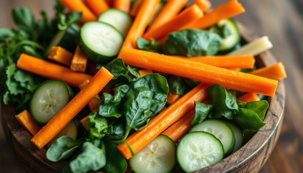 A close-up shot of an assortment of fresh, vibrant vegetables arranged in a rustic wooden bowl. The selection includes sliced zucchini, carrot sticks, chopped spinach, and other nutrient-rich greens. The lighting is soft and natural, highlighting the vivid colors and textures of the produce. The arrangement is artfully composed, creating a visually appealing and appetizing display. The overall mood is one of health, vitality, and the importance of incorporating vegetables into a balanced canine diet.