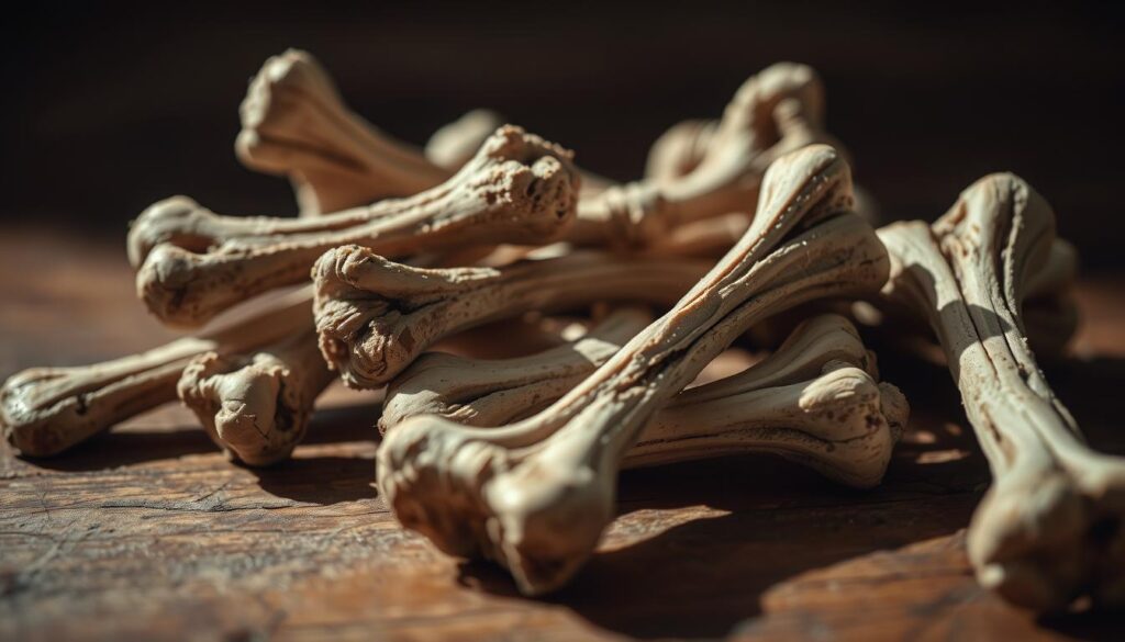 A close-up shot of several dog bones, some visibly damaged or fragmented, resting on a wooden surface. The bones are lit from the side, casting dramatic shadows and highlights that accentuate their intricate textures and brittleness. The background is slightly blurred, keeping the focus on the fragile bones and conveying a sense of concern and caution about their potential dangers to canine health. The overall mood is one of clinical examination, hinting at the importance of understanding the risks of bone consumption for dogs.