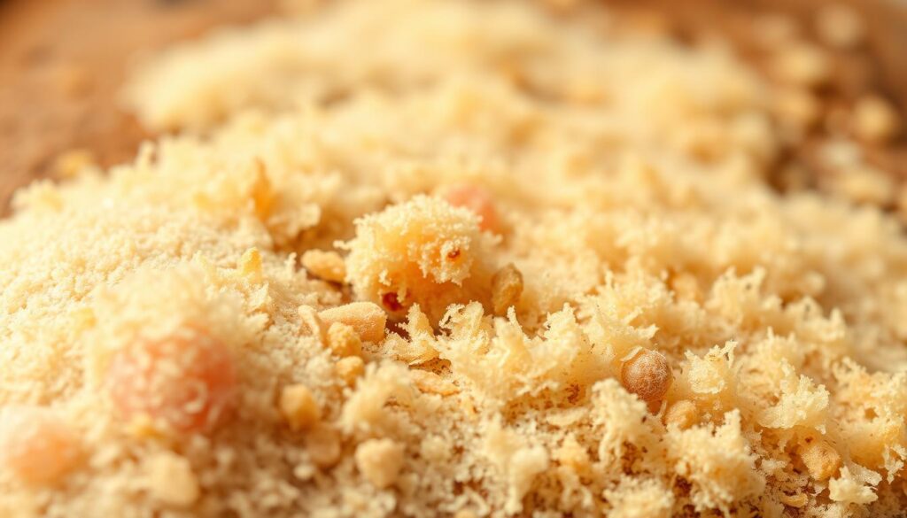 A close-up shot of several types of dog dandruff and seborrhea, captured under warm, diffused lighting that emphasizes the texture and scale of the flaky skin. The foreground features a detailed view of dry, scaly patches with varying hues of white, yellow, and pink, while the middle ground showcases a broader perspective of the different manifestations of canine dandruff, from fine, powdery residue to larger, oily flakes. The background is blurred, drawing the viewer's attention to the intricate, microscopic details of the skin conditions. The overall mood is clinical yet visually engaging, providing a comprehensive visual reference for the different "rodzaje łupieżu u psa" discussed in the article.