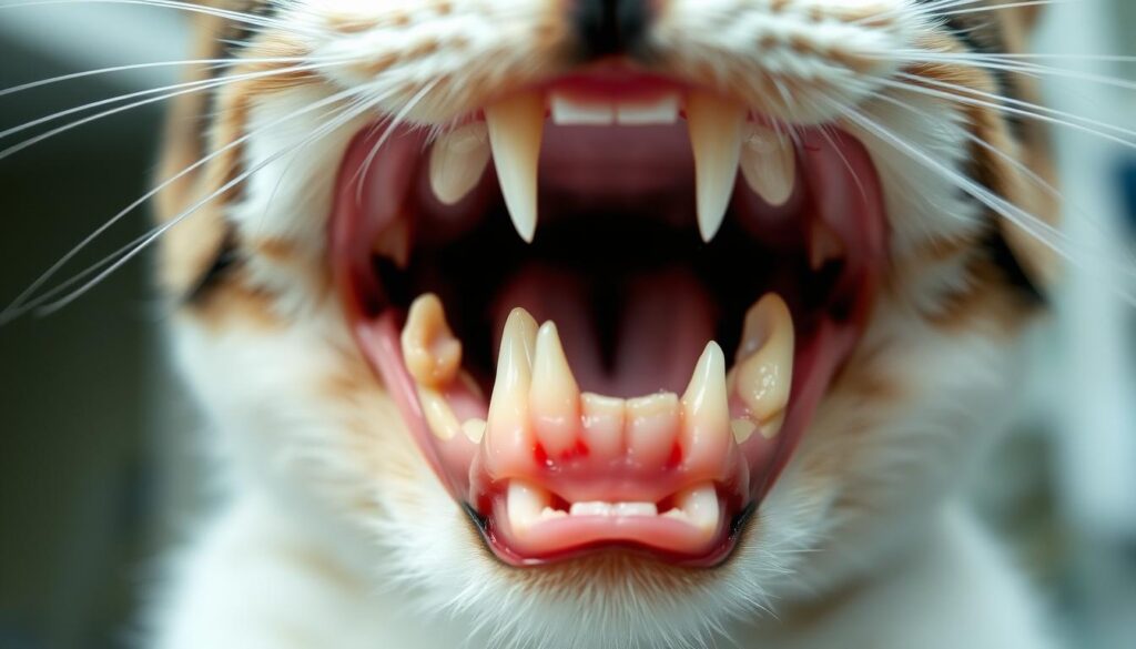 A close-up view of a cat's mouth, showcasing the various stages of tooth eruption and shedding. The foreground prominently displays a kitten's open jaw, revealing the emerging permanent teeth and the loose baby teeth ready to fall out. The middle ground provides a detailed look at the gum line, highlighting the reddish, inflamed areas indicative of the teething process. The background is softly blurred, creating a clinical, medical atmosphere, emphasizing the educational nature of the image. The lighting is soft and diffused, casting subtle shadows that accentuate the dental features. The camera angle is slightly elevated, giving the viewer a sense of examination and analysis of the dentition.