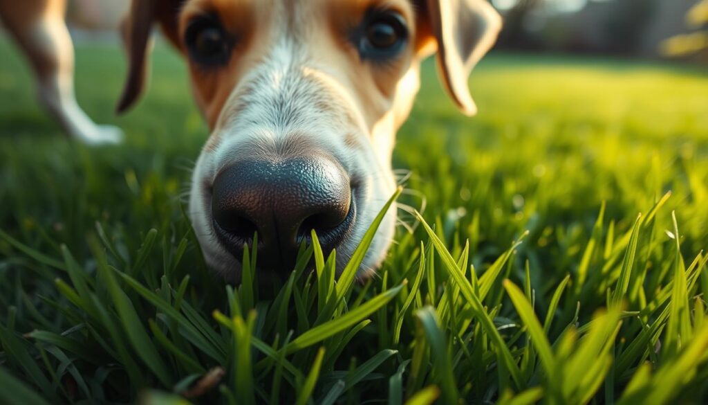 A close-up view of a curious dog cautiously inspecting a lush, green lawn, its nose delicately sniffing the soft blades of grass. The lighting is natural and warm, casting a gentle glow on the dog's attentive expression. The background is slightly blurred, keeping the focus on the interaction between the canine and the grassy surface. The scene conveys a sense of wonder and mild hesitation, as if the dog is contemplating whether to take a bite or simply observe. The angle is slightly elevated, providing a unique perspective that enhances the relatable and endearing nature of the moment.