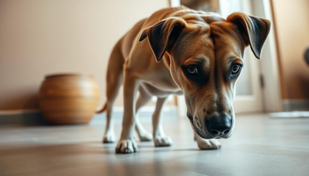 A close-up view of a dog urinating on the floor of a cozy home interior. The dog is standing in the foreground, its body in profile, with a focused, slightly anxious expression. The floor is tiled or hardwood, and the background features muted, warm-toned walls, suggesting a domestic setting. The lighting is soft and natural, creating a sense of intimacy and understanding. The overall mood is one of curiosity and a desire to understand the reasons behind this common canine behavior.