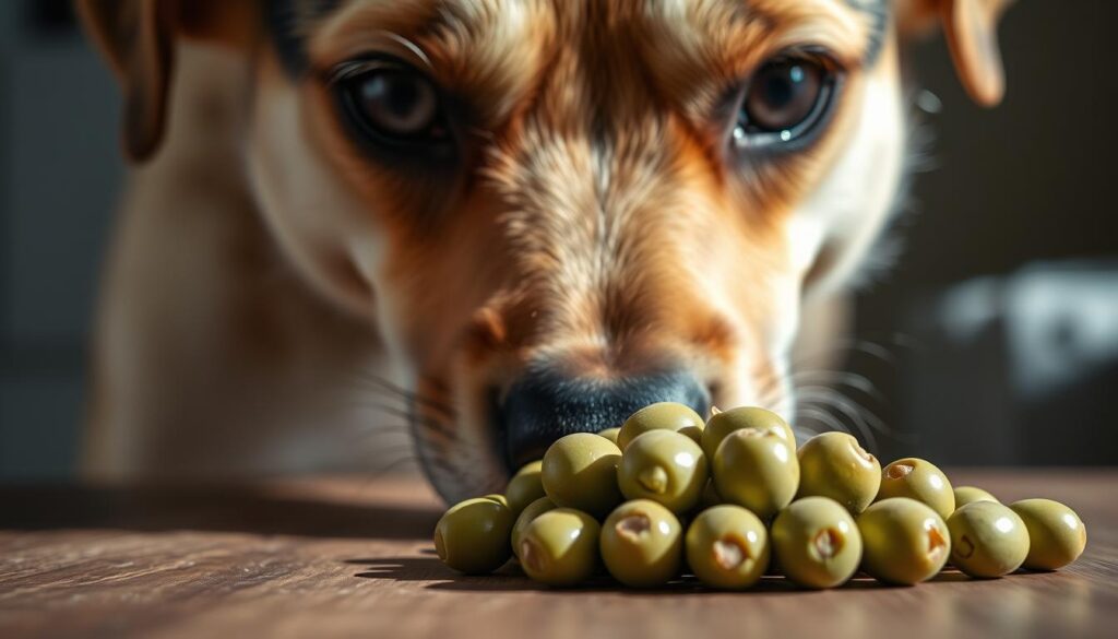 A close-up view of a dog's face, their eyes focused intently on a pile of green olive fruits on a wooden table. The lighting is soft and natural, casting gentle shadows to highlight the textures of the dog's fur and the smooth skin of the olives. The background is slightly blurred, creating a sense of depth and focus on the central subjects. The dog's expression conveys a curious, yet cautious, interest in the potentially toxic olives, reflecting the need to understand the dangers they may pose. The overall atmosphere is one of thoughtful contemplation, inviting the viewer to consider the safety of this common household food for our canine companions.
