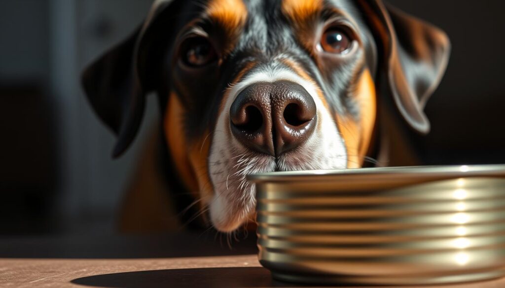 A close-up view of a dog's face, with a tin of tuna in the foreground. The dog's expression is curious, its eyes focused intently on the tin. The lighting is soft and natural, casting gentle shadows that accentuate the dog's features. The background is slightly blurred, allowing the viewer to focus on the interaction between the dog and the tuna. The overall mood is one of curiosity and anticipation, as the viewer wonders whether the dog will be able to eat the tuna from the tin.