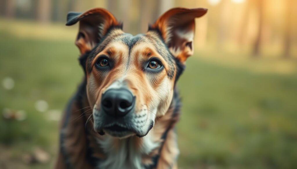 A close-up view of a dog's head and shoulders, with a focused gaze and alert expression. The dog's eyes are bright and attentive, reflecting its natural instincts. In the middle ground, the dog is depicted in a natural setting, such as a grassy field or forest, conveying a sense of the dog's natural environment. The background is softly blurred, creating a sense of depth and emphasis on the dog's face and posture. The lighting is warm and natural, highlighting the dog's fur and facial features. The overall mood is one of curiosity and thoughtfulness, reflecting the complex behavioral instincts of the canine species.