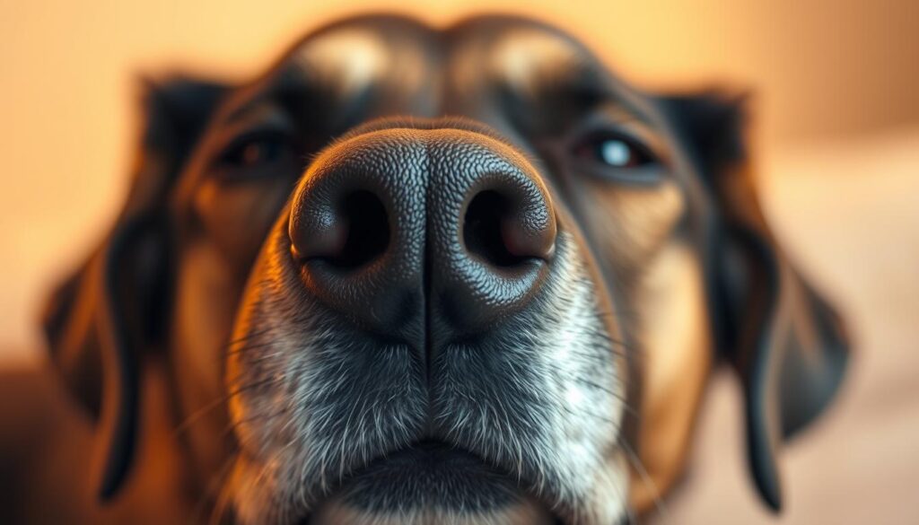 A close-up view of a dog's nose and face, with a soft, warm lighting illuminating the scene. The dog's expression conveys a slight discomfort, with its eyes slightly squinted and its nostrils flaring, suggesting a sneeze or a bout of sneezing. The background is blurred, keeping the focus on the dog's facial features. The image should convey a sense of empathy and a desire to understand the underlying causes of the dog's sneezing, aligning with the article's subject and section title.