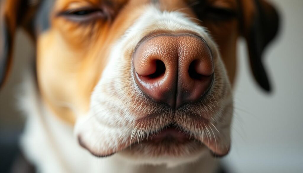 A close-up view of a dog's nose and muzzle, with the mouth slightly open, as the dog emits a gentle sneeze. The nose is wrinkled and the eyes are slightly squinted, conveying the discomfort of the infection. The lighting is soft and diffused, highlighting the delicate, pinkish skin and the fine hairs around the nostrils. The background is slightly blurred, keeping the focus on the dog's face and the act of sneezing, which serves as a visual representation of the "kichanie jako objaw infekcji" (sneezing as a symptom of infection) concept.