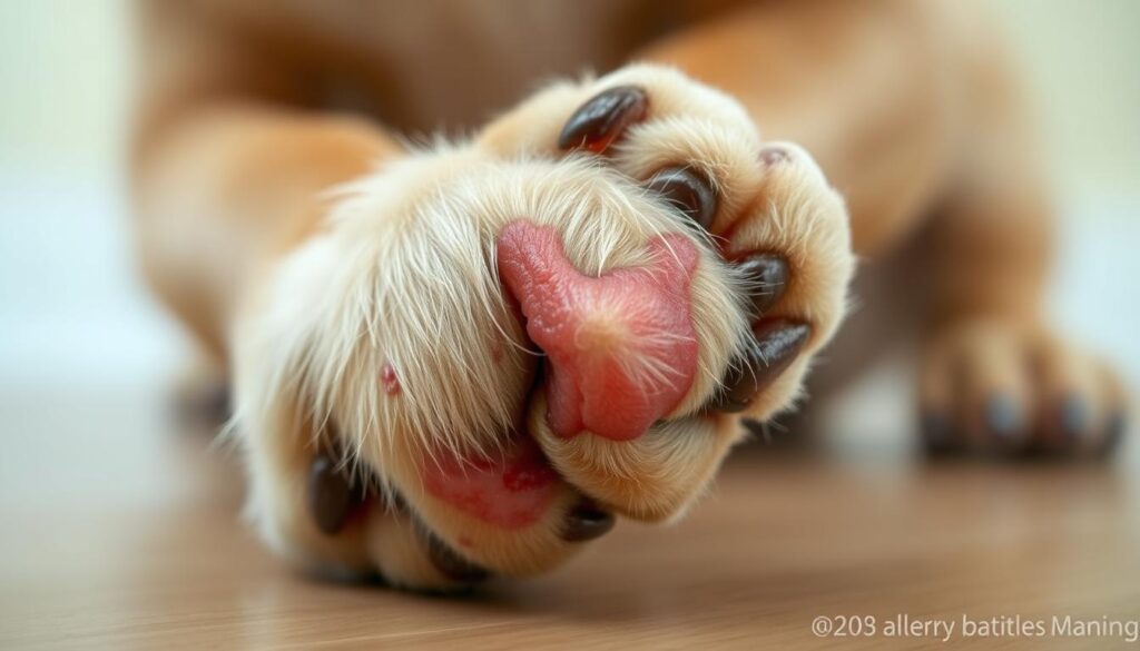 A close-up view of a dog's paw, highlighting the skin irritation and redness characteristic of canine allergies. The paw is depicted in soft, natural lighting, emphasizing the texture and details of the inflamed skin. The background is blurred, keeping the focus on the affected paw. The image conveys a sense of discomfort and the need for veterinary attention to address the underlying allergy causing the dog to lick and chew at its paws.
