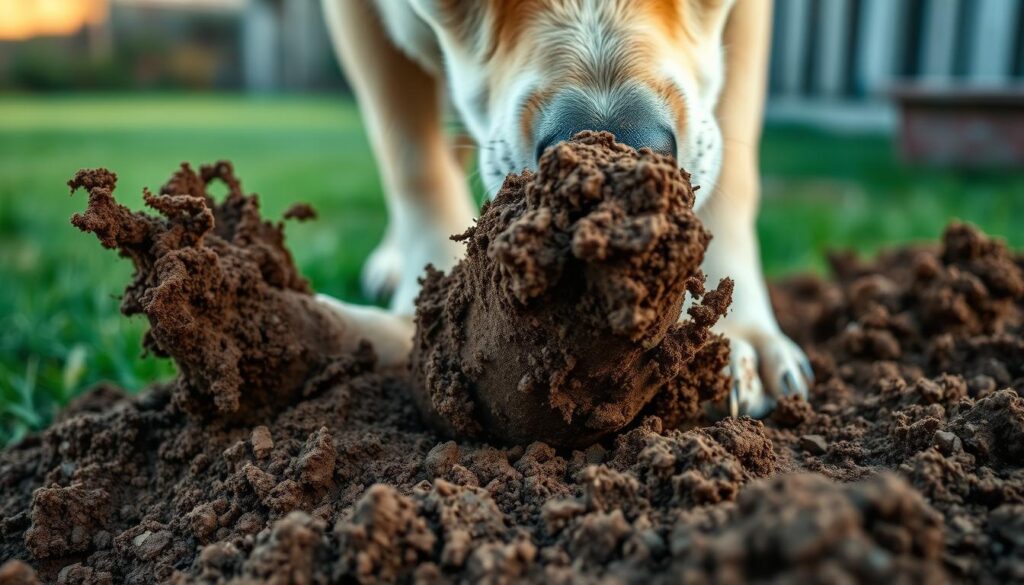 A close-up view of a dog's paws digging into freshly turned soil, with dirt flying in all directions. The dog's expression is focused and determined, its muscles straining as it burrows deeper. The background is slightly blurred, but suggests a grassy backyard setting, with a hint of a wooden fence or shed in the distance. The lighting is warm and natural, casting soft shadows that accentuate the texture of the earth and the dog's fur. The composition emphasizes the dog's instinctive behavior, capturing the essence of the section title "Dlaczego pies kopie dziury – instynkt, zabawa czy nuda?".
