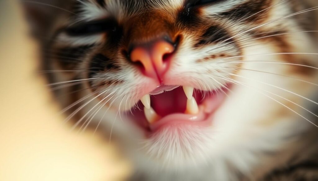 A close-up view of a kitten's face, with its small, sharp milk teeth prominently displayed. The kitten's mouth is slightly open, revealing its delicate pink gums and the unique dentition of feline baby teeth. The lighting is soft and diffused, creating a gentle, almost ethereal atmosphere that highlights the intricate texture and details of the kitten's features. The background is blurred, placing the emphasis solely on the captivating and informative dental study. The image conveys a sense of curiosity and wonder about the early stages of a cat's dental development.