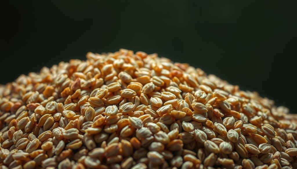 A close-up view of a pile of barley groats, with a focus on the individual grains. The groats appear slightly discolored and irregular in shape, suggesting potential health issues. In the background, a muted, sickly green color scheme creates a sense of unease. Dramatic, moody lighting casts shadows across the scene, emphasizing the groats' imperfections. The overall composition conveys a sense of concern and caution about the potential negative health effects associated with consuming this type of cereal.