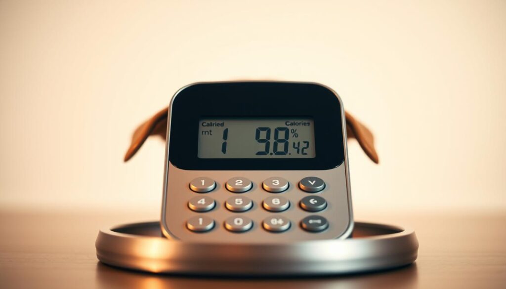 A close-up view of a stylish dog food nutrition calculator, set against a clean, minimalist background. The device has a sleek, metallic design with a large digital display showing a dog's recommended daily calorie intake. Soft, diffused lighting creates a warm, inviting atmosphere, highlighting the calculator's precision and functionality. The composition emphasizes the calculator's central role, conveying a sense of utility and a practical approach to ensuring a dog's proper dietary needs are met.
