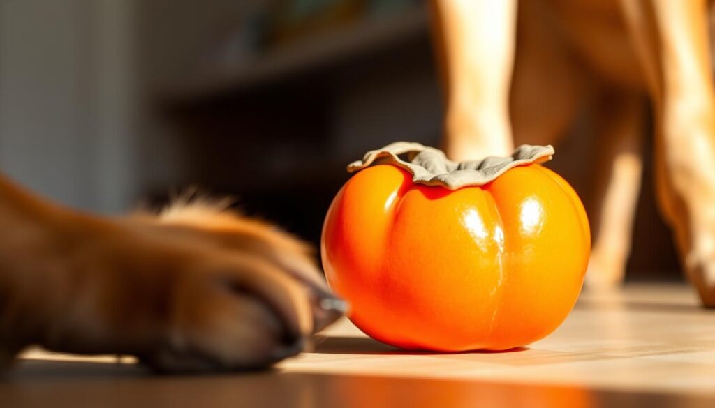 A close-up view of a vibrant orange kaki (persimmon) fruit, its glossy skin contrasting against a blurred, out-of-focus background. The fruit is positioned prominently, casting a soft shadow on the surface it rests upon. The lighting is warm and natural, creating a sense of depth and dimension. In the foreground, a canine paw is cautiously approaching the fruit, conveying a sense of curiosity and potential danger. The overall mood is one of apprehension, hinting at the potential risks associated with dogs consuming this exotic fruit.