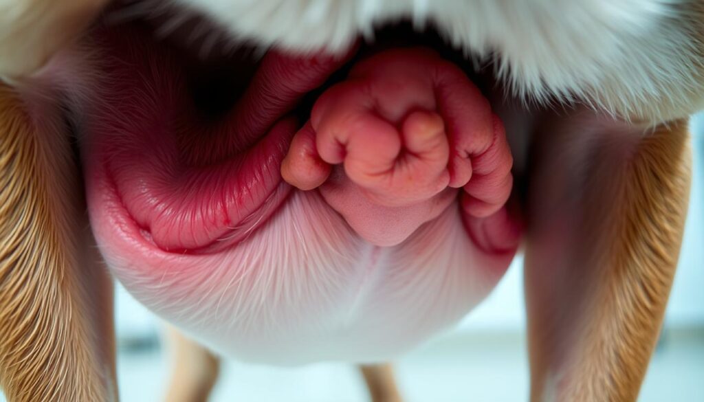 A close-up view of the anal area of a dog, showing the swollen and inflamed perianal glands. The skin around the anus appears reddish and irritated, with a slightly raised, bumpy texture. The lighting is soft and diffused, highlighting the details of the problematic area. The image is captured at a slight downward angle, providing a clear, diagnostic-like perspective. The background is blurred, keeping the focus entirely on the affected region. The overall mood is clinical yet empathetic, conveying the medical nature of the condition while acknowledging the discomfort experienced by the canine subject.