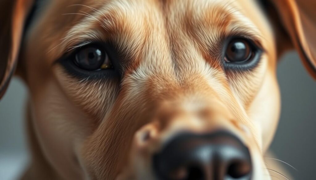 A close-up, well-lit photograph of a dog's eyes, showing the area around them in detail. The eyes should have a slightly reddened, irritated appearance, with a small amount of yellowish, crusty discharge visible in the corners. The dog's facial features should be in sharp focus, with a calm, relaxed expression. The background should be blurred and out of focus, placing the emphasis on the dog's eyes. The lighting should be soft and diffused, creating an even, natural illumination that brings out the texture and detail of the dog's fur and skin. The overall tone should convey a sense of concern and the need for preventative care.