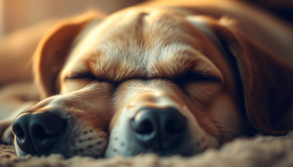 A closeup shot of a peaceful, sleeping dog with its eyes slightly open, bathed in soft, warm lighting. The dog's expression is serene, as if it has passed away, but its eyelids remain parted, revealing a small glimpse of the eyes. The background is blurred, creating a sense of focus on the dog's face, which is the central subject. The image conveys a sense of melancholy and contemplation, inviting the viewer to ponder the reasons why some dogs may die with their eyes open.