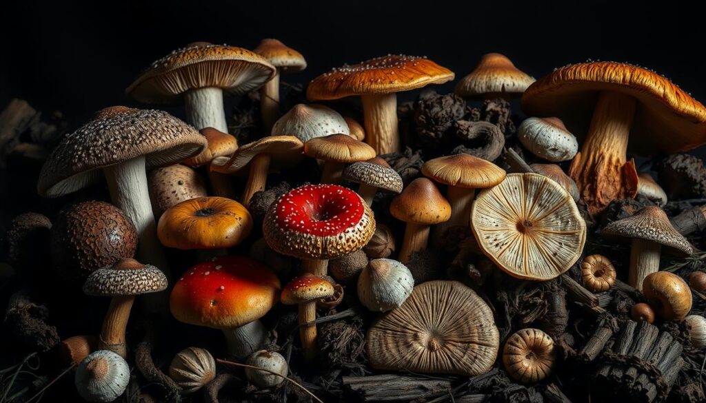 A cluttered arrangement of various wild mushrooms, including poisonous species such as Amanita muscaria and Galerina marginata, set against a dark, ominous background. The mushrooms are depicted with intricate, textured details, capturing their menacing appearance. Dramatic lighting casts deep shadows, heightening the sense of danger. The overall scene conveys a sense of foreboding, warning the viewer of the potential hazards these fungi pose to canine companions.