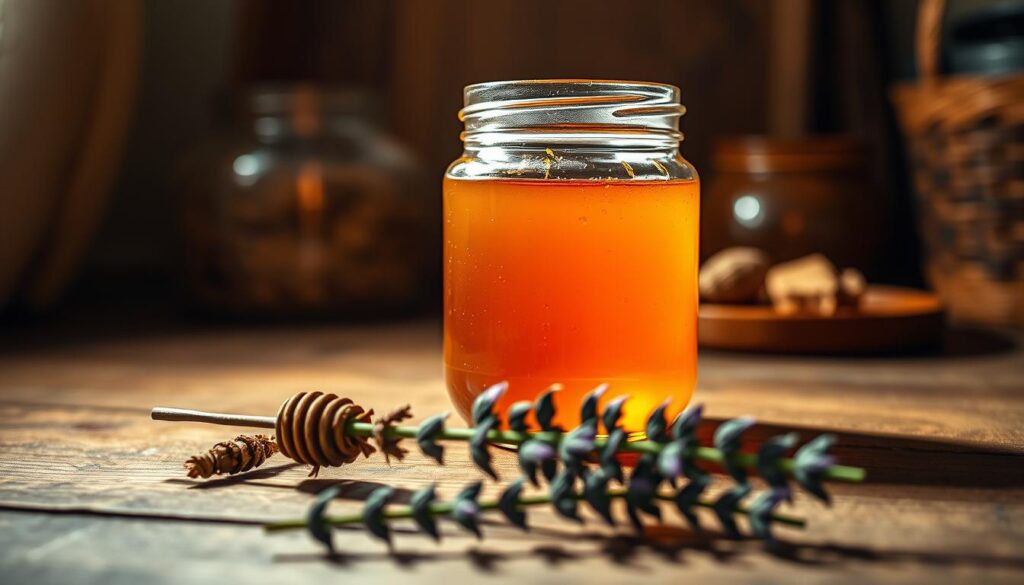 A cozy, dimly lit scene depicting a glass jar filled with viscous, golden honey, resting atop a wooden table. The jar casts a warm, amber glow, illuminating the surrounding space. In the foreground, a few dried medicinal herbs and a sprig of lavender are artfully arranged, hinting at the jar's potential therapeutic uses. The background is slightly blurred, emphasizing the jar and its contents as the focal point. The overall mood is one of natural healing and soothing comfort, perfectly capturing the application of honey in addressing canine health issues.