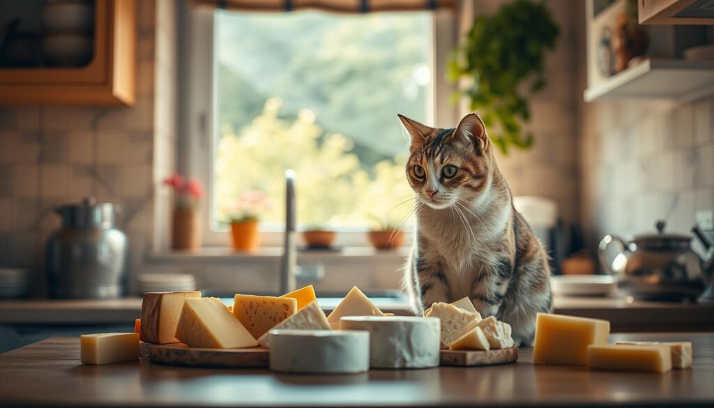 A cozy kitchen interior, with a cat sitting on the countertop, curiously examining an assortment of cheeses. The scene is bathed in warm, soft lighting, casting a welcoming glow. The cat's eyes are fixed on the various dairy products, its expression one of thoughtful curiosity. In the background, a window offers a glimpse of a lush, verdant garden, adding to the tranquil atmosphere. The composition is balanced, with the cat and cheeses as the central focus, surrounded by subtle details that enhance the overall mood. The image conveys a sense of domestic harmony and the playful, inquisitive nature of the feline subject.