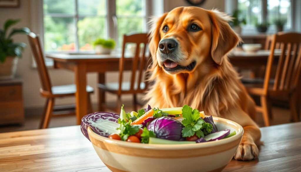 A cozy kitchen scene with a well-fed dog enjoying a healthy meal. In the foreground, a large ceramic bowl filled with a mix of fresh vegetables, including a vibrant purple cabbage. The dog, a friendly golden retriever, sits patiently next to the bowl, its eyes fixed on the tempting fare. Soft, warm lighting illuminates the scene, casting a gentle glow on the dog's shiny coat. In the background, a wooden table and chairs, and a window overlooking a lush garden, creating a sense of tranquility and domesticity. The overall atmosphere is one of nourishment, care, and the joyful bond between a pet and its owner.