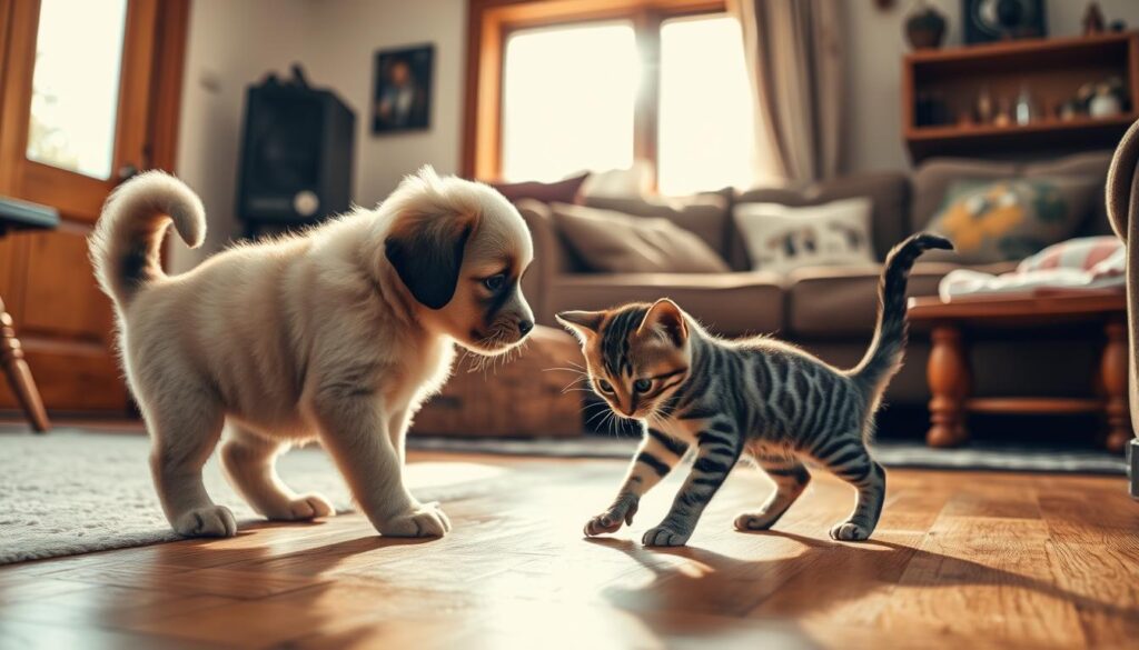 A cozy living room scene with a playful puppy and a curious kitten engaged in gentle, friendly interaction. The puppy, with a soft, fluffy coat, approaches the kitten with wagging tail, while the kitten, with its sleek, striped fur, cautiously sniffs and bats at the puppy's paws. Warm, natural lighting filters in through large windows, casting a welcoming glow on the hardwood floors and plush area rug. The room is decorated with simple, rustic furnishings, creating a comfortable, homey atmosphere. The puppy and kitten's body language conveys a sense of mutual curiosity and budding companionship, hinting at the possibility of a lasting friendship between the two.