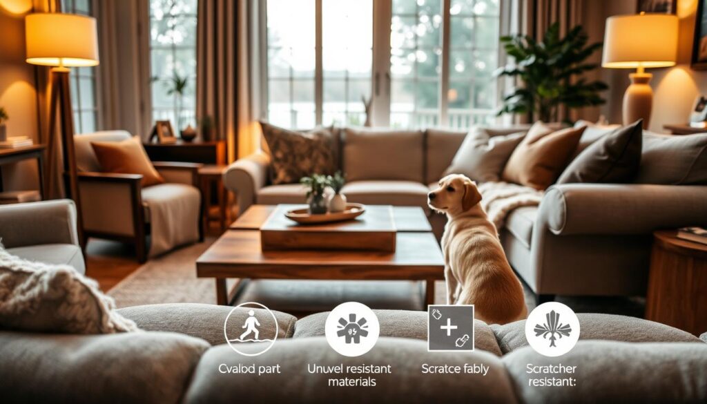 A cozy living room scene, with a well-crafted wooden coffee table and a plush fabric sofa. In the foreground, soft, protective coverings adorn the furniture, guarding against curious paws and playful claws. The mid-ground showcases a variety of chew-resistant materials, such as durable fabrics and scratch-resistant surfaces, creating a harmonious and pet-friendly environment. Warm, indirect lighting from floor lamps casts a welcoming glow, while large windows in the background offer a serene outdoor view, blending the indoors and outdoors seamlessly. The overall atmosphere exudes a sense of comfort and practicality, where both the homeowner and their furry companion can coexist happily. A cozy living room scene, with a well-crafted wooden coffee table and a plush fabric sofa. In the foreground, soft, protective coverings adorn the furniture, guarding against curious paws and playful claws. The mid-ground showcases a variety of chew-resistant materials, such as durable fabrics and scratch-resistant surfaces, creating a harmonious and pet-friendly environment. Warm, indirect lighting from floor lamps casts a welcoming glow, while large windows in the background offer a serene outdoor view, blending the indoors and outdoors seamlessly. The overall atmosphere exudes a sense of comfort and practicality, where both the homeowner and their furry companion can coexist happily.