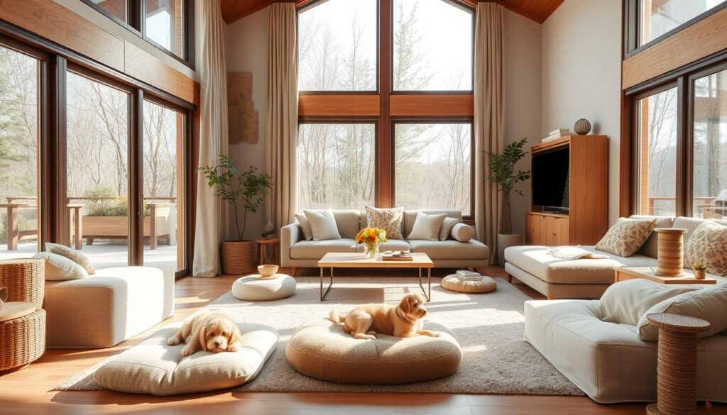 A cozy, modern living room designed with the comfort and safety of pets in mind. Soft, plush pet beds in neutral tones are placed throughout the space, complementing the natural wood furniture and earth-toned accents. Floor-to-ceiling windows allow ample natural light to filter in, creating a warm and inviting atmosphere. Discreet pet toys and scratching posts are strategically placed, blending seamlessly with the decor. The room exudes a harmonious balance between human and animal living, with thoughtful considerations for the needs of both. A calm, serene mood pervades the scene, reflecting the ideal home environment for animal companions. A cozy, modern living room designed with the comfort and safety of pets in mind. Soft, plush pet beds in neutral tones are placed throughout the space, complementing the natural wood furniture and earth-toned accents. Floor-to-ceiling windows allow ample natural light to filter in, creating a warm and inviting atmosphere. Discreet pet toys and scratching posts are strategically placed, blending seamlessly with the decor. The room exudes a harmonious balance between human and animal living, with thoughtful considerations for the needs of both. A calm, serene mood pervades the scene, reflecting the ideal home environment for animal companions.