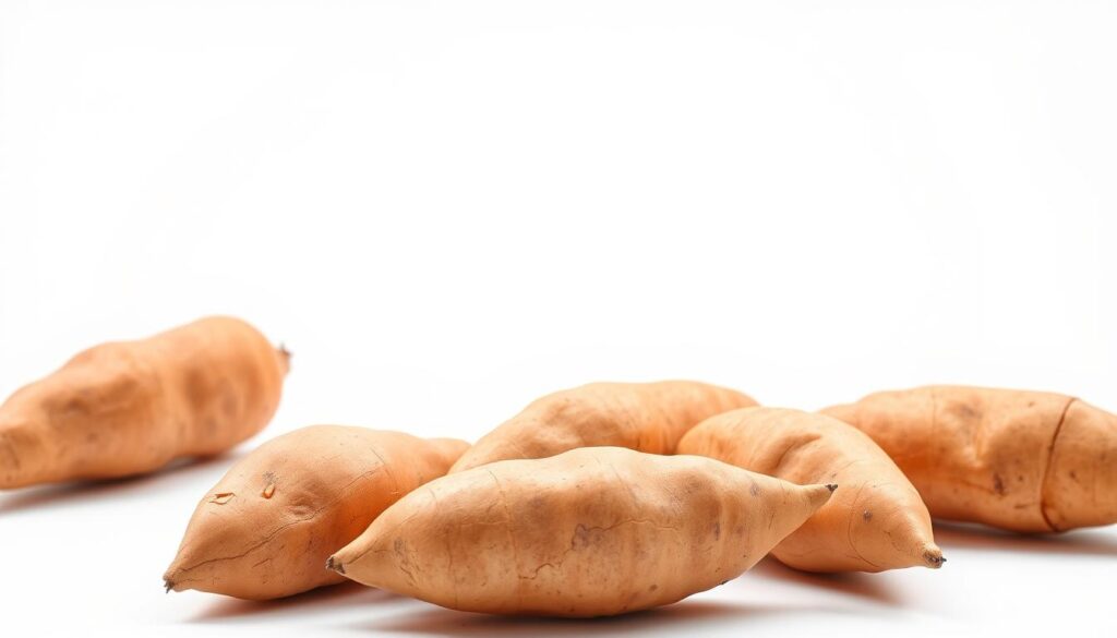 A crisp, high-resolution photograph of several orange-fleshed sweet potatoes, commonly known as bataty, against a plain white background. The potatoes are neatly arranged in the foreground, their skin glistening and their natural bumps and contours clearly visible. The lighting is soft and diffused, creating gentle shadows that accentuate the texture and shape of the vegetables. The image has a clean, minimalist aesthetic, allowing the bataty to be the sole focus, conveying their appeal as a nutritious alternative to regular potatoes in a dog's diet.