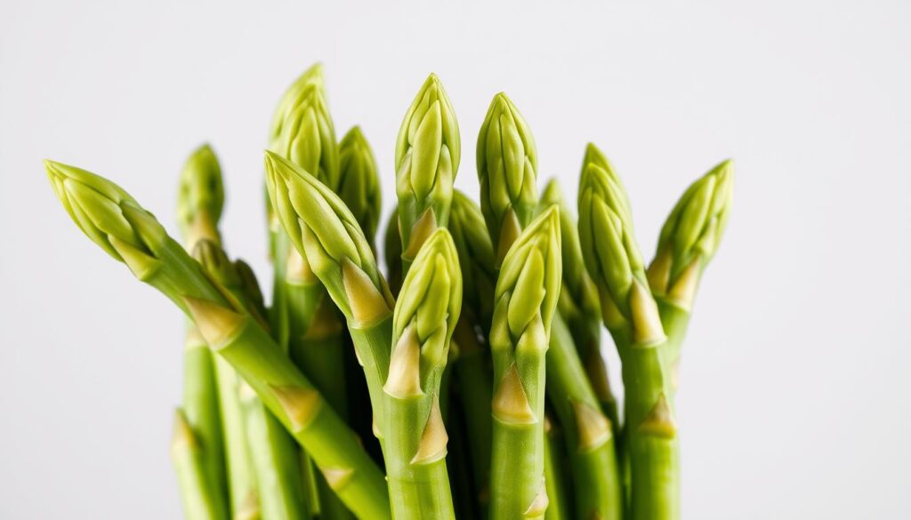 A crisp, well-lit close-up photograph of a bundle of fresh green asparagus spears, their tips gently fanning out. The asparagus are arranged in a visually appealing manner, with the slender stalks showcasing their natural curves and the tips reaching upwards, creating a dynamic and aesthetically pleasing composition. The image has a clean, minimalist background, allowing the nutritional values of the asparagus to take center stage. Subtle shadows and highlights accentuate the texture and vibrant color of the asparagus, inviting the viewer to appreciate their health benefits. The overall mood is one of freshness, vitality, and nutritional goodness.