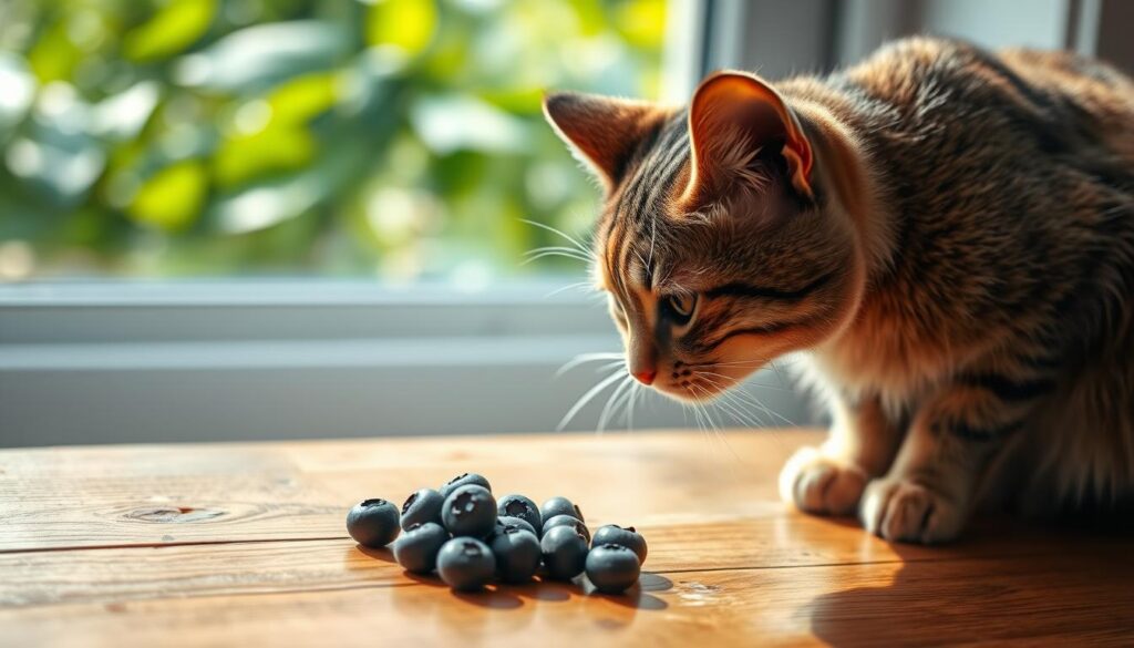 A curious cat sits on a wooden table, intently examining a small cluster of plump, juicy blueberries. The feline's head is tilted, its eyes narrowed, as if pondering whether these vibrant blue morsels are safe for consumption. The table is illuminated by soft, natural lighting, casting gentle shadows and highlighting the rich textures of the wood and the fruit. In the background, a blurred, tranquil scene of a lush, green garden or window sill creates a serene and inviting atmosphere, inviting the viewer to ponder the cat's potential interaction with this unexpected delicacy.