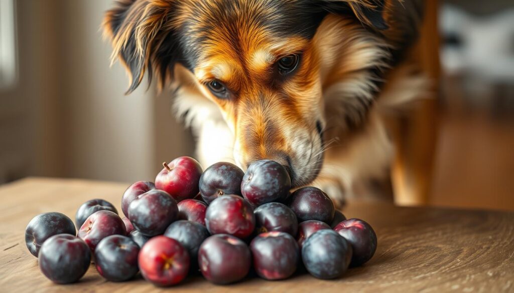 A curious dog examining a pile of ripe, violet-hued plums on a weathered wooden table, captured in a warm, natural lighting setting. The dog's expression conveys a mix of interest and caution, as it tentatively sniffs the unfamiliar fruit. The background is softly blurred, emphasizing the intimate interaction between the canine and the plums, hinting at the potential impact these may have on the dog's wellbeing. The overall scene evokes a sense of exploration and discovery, inviting the viewer to consider the safety and suitability of plums as a canine snack.