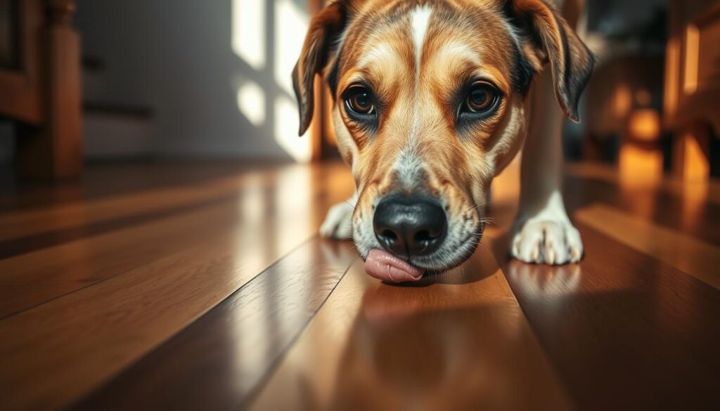 A curious dog intently licking the hardwood floor, close-up view from a low angle. Warm, natural lighting casts gentle shadows, creating a cozy, domestic atmosphere. The dog's tongue delicately rasps against the wood, its eyes focused and intent. The floor's smooth, polished surface reflects the dog's movements, adding visual interest. The background is slightly blurred, keeping the viewer's attention on the dog's peculiar behavior. This scene captures the essence of a dog's instinctive floor-licking, inviting the viewer to ponder the reasons behind this common yet puzzling canine habit.