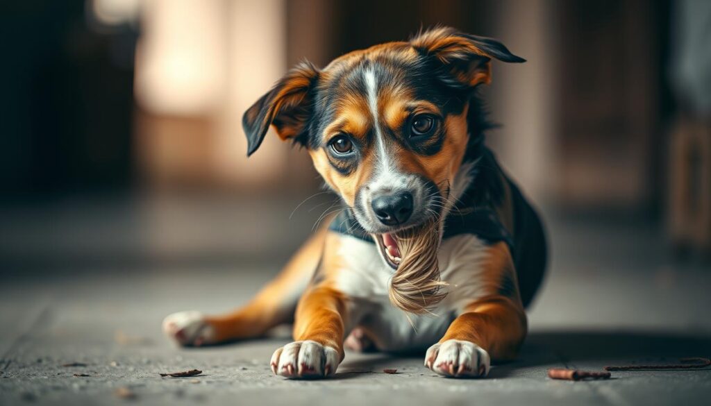 A curious dog sitting on the ground, intently focused on biting its own tail. The dog's expression is one of concentration, with its brow furrowed and its mouth open. The scene is captured in soft, natural lighting, creating a warm and intimate atmosphere. The background is blurred, drawing the viewer's attention to the dog's intense, almost comical, behavior. The composition is balanced, with the dog positioned slightly off-center, adding a sense of dynamism to the image. The overall tone is playful and lighthearted, reflecting the whimsical nature of a dog chasing its own tail.