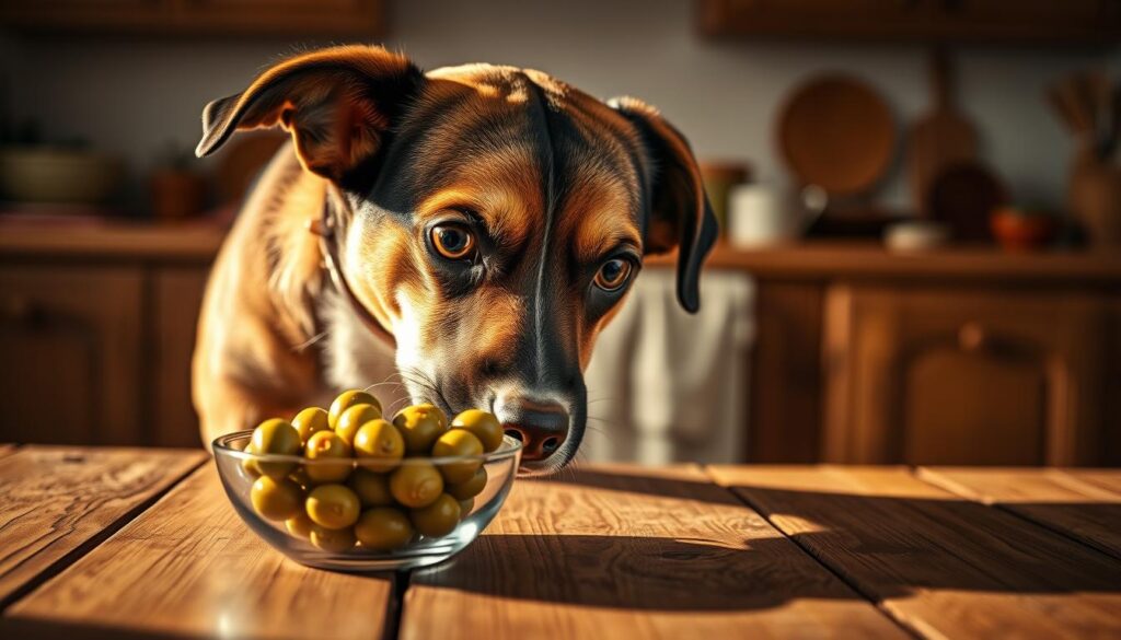 A curious dog sniffing a bowl of green olives on a rustic wooden table, bathed in warm, natural lighting. The dog's head is tilted slightly, its eyes wide with a mix of caution and curiosity, as it examines the unfamiliar food. In the background, a cozy kitchen scene with subtle earth-toned accents creates a relaxed, homey atmosphere. The composition emphasizes the interaction between the dog and the olives, inviting the viewer to ponder whether these salty treats are safe for canine consumption.