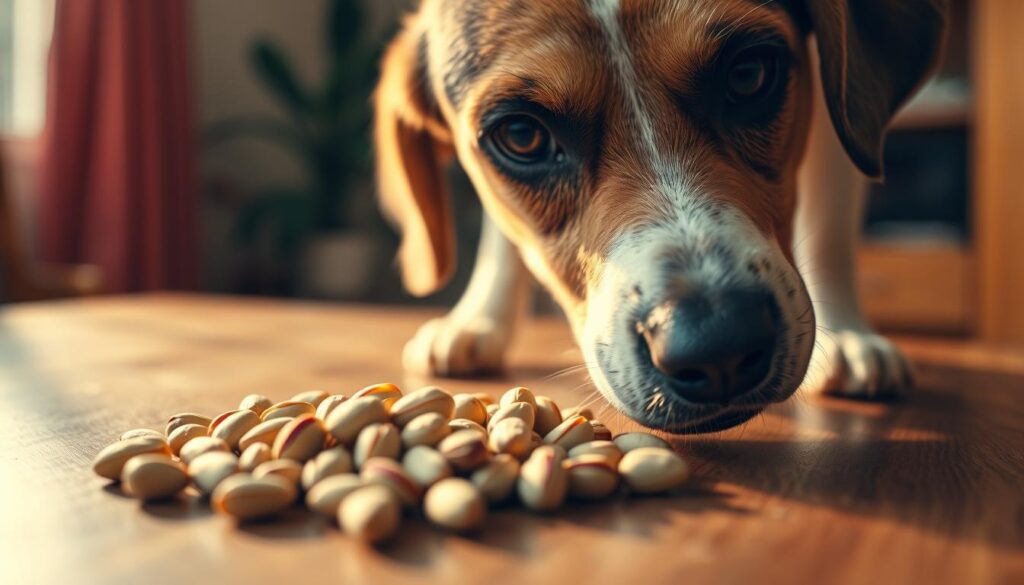 A curious dog sniffing at a pile of green pistachios on a wooden table, illuminated by warm, natural lighting and shot from a low angle to emphasize the dog's perspective. The dog's head is tilted, with a quizzical expression as it examines the unfamiliar nuts. The background is slightly blurred, drawing the viewer's focus to the interaction between the dog and the pistachios. The overall mood is one of gentle exploration and discovery, hinting at the potential dangers of this canine interaction.