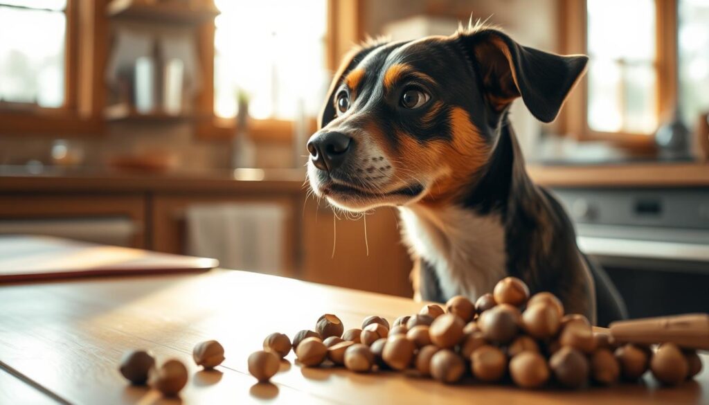 A curious dog standing in a sunlit kitchen, contemplating a pile of hazelnuts on the wooden table. The dog's head is tilted, its eyes filled with a mix of interest and caution, as it considers whether these unfamiliar nuts are safe to consume. The kitchen is bathed in warm, natural lighting, casting gentle shadows and highlights on the dog's fur and the surrounding objects. The scene conveys a sense of tranquility and thoughtful contemplation, inviting the viewer to ponder the potential risks and considerations of a dog's dietary choices.