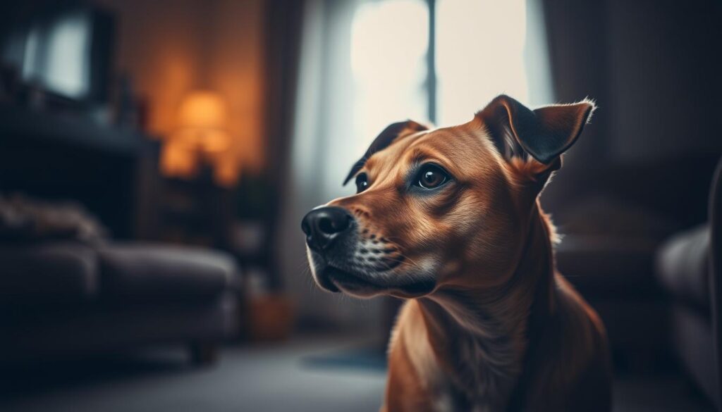 A curious dog with a pensive gaze, sitting in a dimly lit living room, intently focused on something unseen. The room is bathed in a soft, warm light, creating an intimate and contemplative atmosphere. The dog's ears are perked up, signaling its attentiveness, as if it is trying to decipher a distant sound or signal. The background is blurred, drawing the viewer's attention to the dog's expressive face and body language, inviting the observer to empathize and understand the dog's emotional state and the reasons behind its vocalizations.