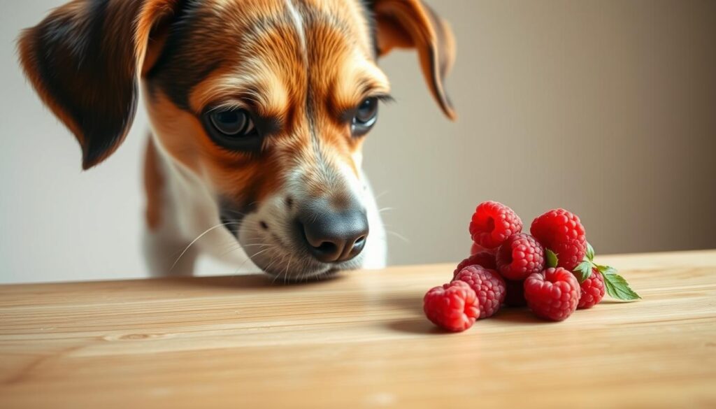 A curious, well-behaved dog standing attentively, examining a cluster of ripe, juicy raspberries on a wooden surface. Soft, natural lighting gently illuminates the dog's inquisitive expression and the vibrant hues of the berries. The composition features a clean, minimalist background, allowing the subject to be the focal point. The scene conveys a sense of wonder and contemplation, as if the dog is considering whether it's safe to indulge in this tempting, yet unfamiliar treat. The overall mood is one of tranquility and discovery.