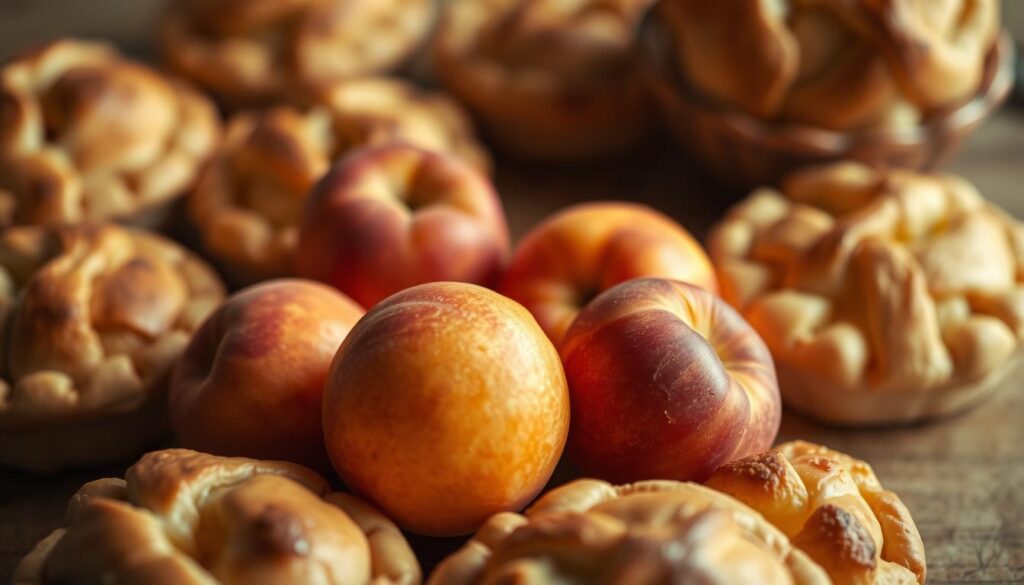 A delicate arrangement of plump, juicy nectarines nestled amid a scatter of freshly baked, golden-crusted pies. The nectarines, their lush hues radiating warmth, sit in contrast to the flaky, buttery pastry that surrounds them. Soft, diffused lighting caresses the scene, casting a gentle glow and creating an inviting, homely atmosphere. The composition is balanced, with the nectarines and pies occupying the foreground, while a blurred, minimalist background lends focus to the central subject. The overall mood is one of comfort, wholesomeness and the simple pleasures of seasonal produce.