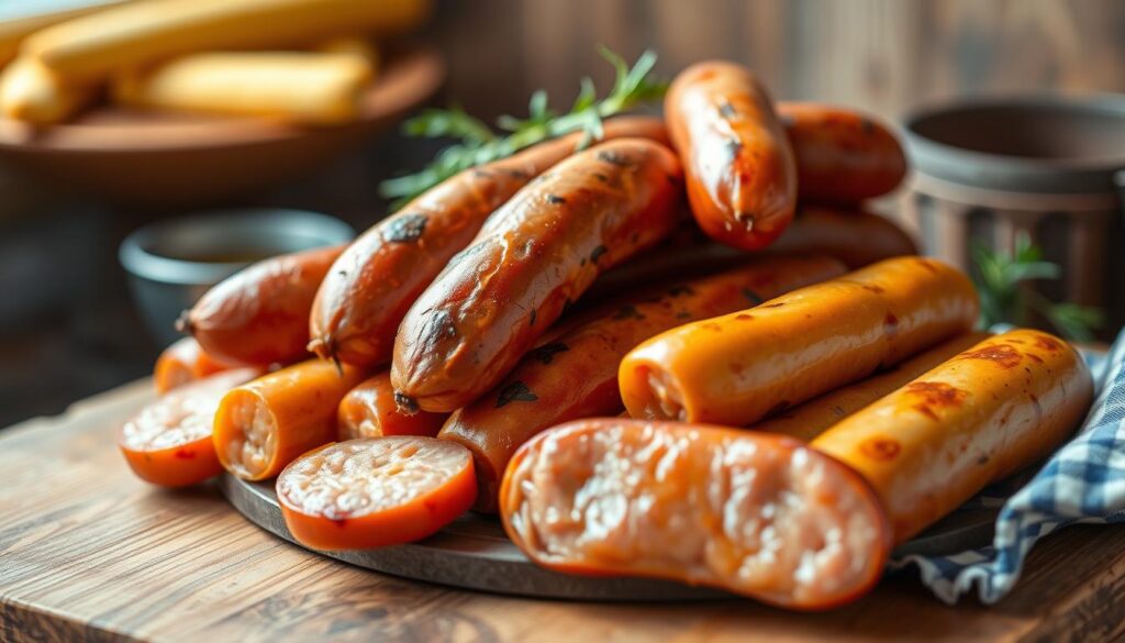 A delightful arrangement of succulent sausages, carefully crafted for canine consumption. A visually appealing centerpiece, showcasing an array of savory kiełbaski in natural, appetizing hues. Captured in a softly-lit, slightly elevated perspective, the sausages are presented on a rustic wooden surface, accentuating their artisanal appeal. The image exudes a warm, homely atmosphere, inviting the viewer to imagine the delight a dog would experience indulging in these tasty treats. The focus is sharp, drawing the eye to the detailed textures and shapes of the kiełbaski, while the slightly blurred background creates a sense of depth and focus.