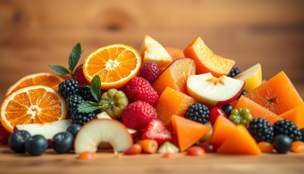 A delightful assortment of fresh, colorful fruit pieces arranged in an inviting display, perfect as a healthy and natural snack for a beloved canine companion. The scene features sliced mandarin oranges, juicy apple chunks, and vibrant berries, artfully composed against a warm, wooden background. Soft, natural lighting accentuates the vibrant hues and enticing textures, creating a mouthwatering and appetizing presentation that a dog would find irresistible. The overall mood is one of nourishment, wholesomeness, and a celebration of the joys of sharing nutritious treats with our four-legged friends.