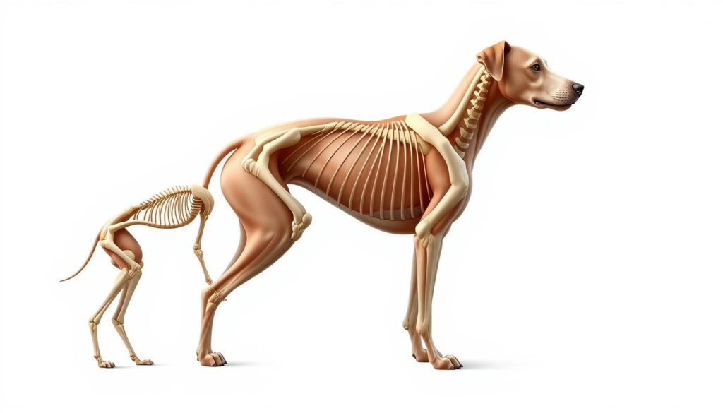 A detailed anatomical illustration of the physical development stages of a dog, showcased against a clean, minimalist background. The composition features a central focus on the dog's skeletal structure, musculature, and proportions at different growth phases, rendered in a sophisticated, scientifically accurate style. Soft, diffused lighting enhances the three-dimensional forms, while a neutral color palette and muted tones create a sense of clinical objectivity. The overall impression is one of educational clarity, designed to visually communicate the key aspects of a dog's physical maturation process.