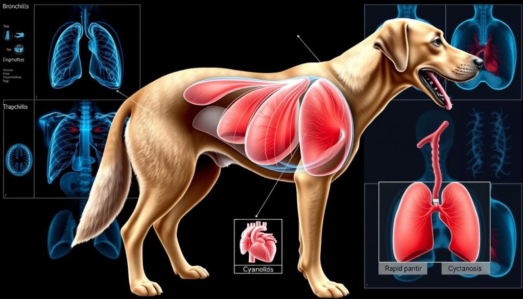 A detailed, high-resolution medical illustration depicting the respiratory diseases in dogs that can cause panting or labored breathing. The foreground showcases the key anatomical structures of the canine respiratory system, such as the lungs, trachea, and diaphragm, with callouts highlighting areas affected by common conditions like bronchitis, pneumonia, or heart disease. The middle ground presents visual representations of the clinical signs associated with these ailments, including open-mouthed panting, rapid respiration, and cyanosis. The background blends diagnostic imagery like X-rays or CT scans to provide a comprehensive, scientifically accurate representation of the pathologies responsible for canine dyspnea. The overall tone is informative and educational, with a focus on detailed medical realism to support the article's exploration of respiratory distress in dogs.