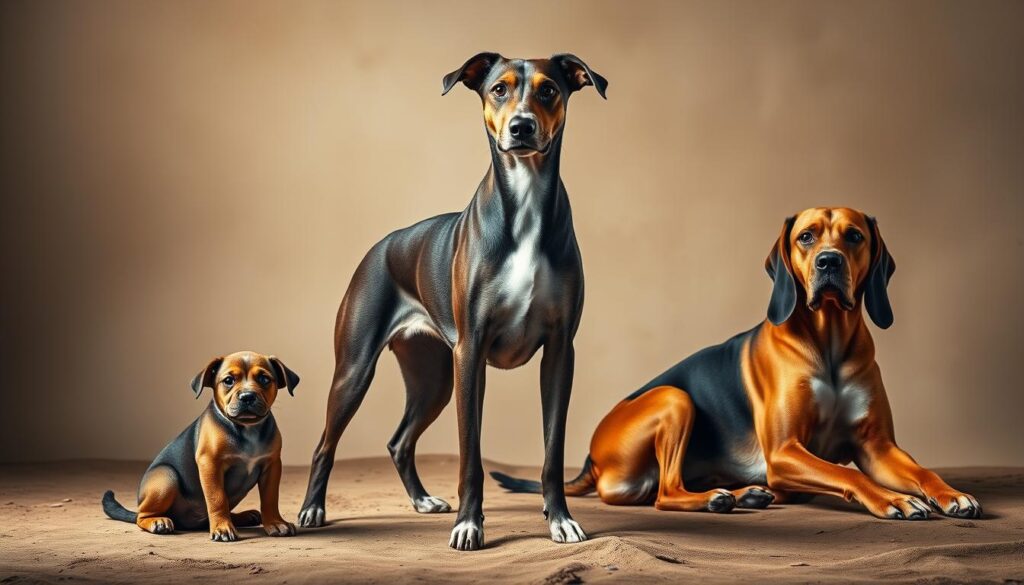 A detailed, realistic portrait of a dog's growth across different breeds. In the foreground, a playful puppy sits, its paws barely reaching the ground. In the middle, an adolescent dog stands tall, its lanky frame a testament to its ongoing development. In the background, an adult hound rests, its muscular build and steady gaze conveying the maturity of its years. Diffused natural lighting casts a warm, contemplative glow, while a neutral, earthy backdrop allows the dogs' forms to take center stage. Subtle shadows and highlights accentuate the contours of each animal, showcasing the unique characteristics of their respective stages of growth.