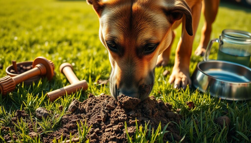 A detailed scene of a dog intently eating soil on a grassy lawn, surrounded by various objects that may contribute to this behavior. The dog's expression conveys a sense of compulsion or need, as if driven by an internal craving. In the foreground, the dog's muzzle is lowered, with dirt clinging to its nose and mouth. In the middle ground, a selection of household items like a chew toy, food bowl, and water dish provide context, hinting at potential deficiencies or medical issues. The background features a lush, verdant lawn, casting a serene, natural atmosphere that contrasts with the dog's odd behavior. Warm, natural lighting illuminates the scene, creating depth and texture. The overall composition evokes a thoughtful, investigative mood, inviting the viewer to consider the causes behind the dog's earth-eating habit.
