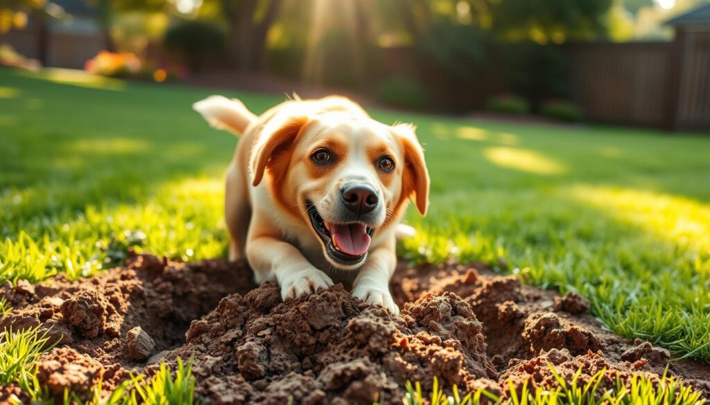 A dog digging a hole in a lush, verdant backyard, its paws furiously churning the earth. Sunlight filters through trees, casting a warm, golden glow over the scene. The dog's expression is one of intense focus, its tongue slightly protruding as it relentlessly pursues its instinctive need to burrow. The background features a neatly manicured lawn, with a few scattered flower beds and a wooden fence in the distance, suggesting a well-maintained and peaceful suburban setting. The image conveys the playful yet problematic nature of a dog's digging behavior, inviting the viewer to consider how to address this common canine challenge.