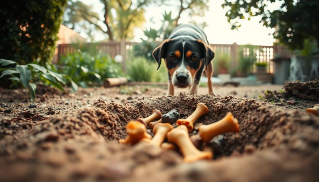 A dog in the foreground, intently digging a hole in the ground, with a concerned expression on its face. In the middle ground, a scatter of partially buried bones and food scraps, suggesting a pattern of hiding sustenance. The background depicts a tranquil backyard setting, with lush vegetation and a calming atmosphere, creating a contrast with the dog's anxious behavior. Soft, natural lighting casts warm tones, and the camera angle is slightly elevated, providing an observational perspective on the scene. The overall mood conveys a sense of puzzlement and the need to understand the underlying reasons behind the dog's compulsive digging behavior.